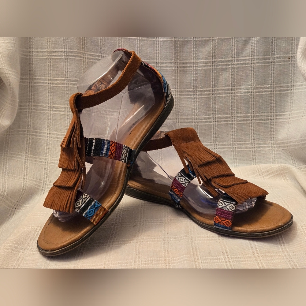 Minnetonka Brown Suede Fringe Sandals with Multicolor Aztec Straps